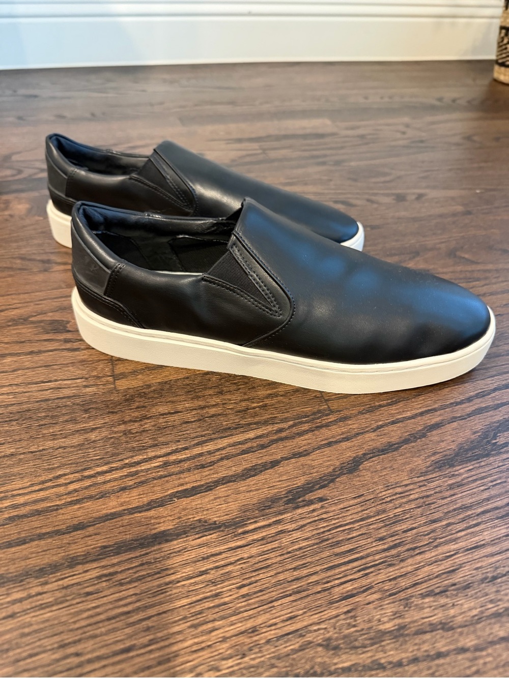 Men's Black Leather Slip-On Sneakers with White Sole